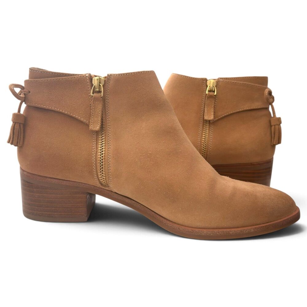 talbots via tassel tie suede ankle boots 9.5m tan almond toe block heel booties - Picture 3 of 12